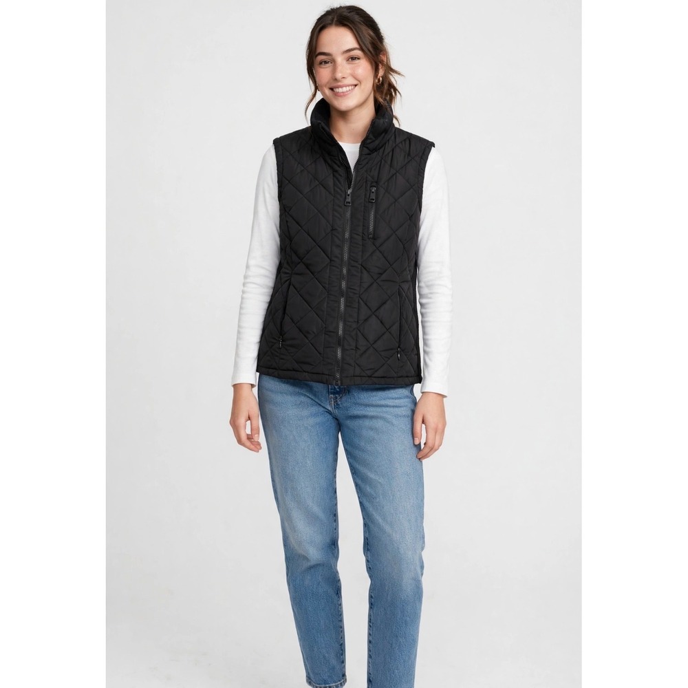 Andrew Marc Womens Black Diamond Quilted Puffer Vest Ribbed Trim 1047386 Small